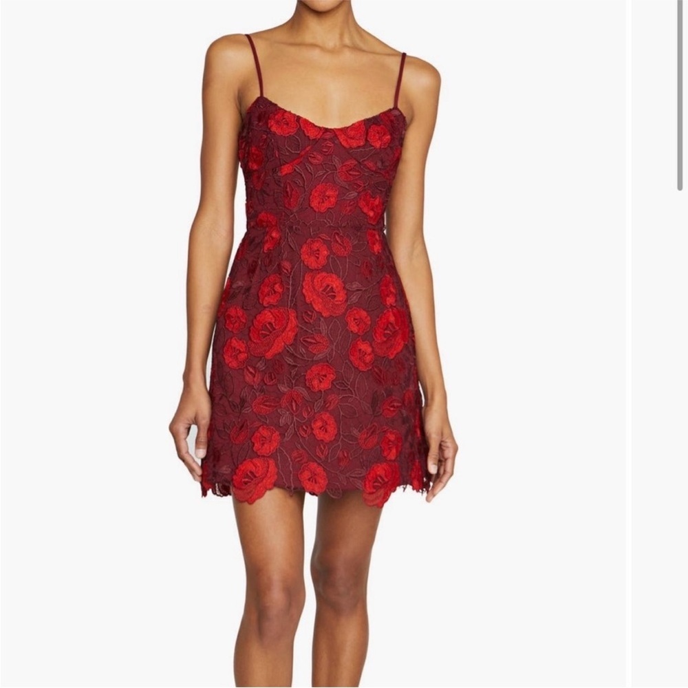 ML Monique Lhuillier Red Arielle Floral Embroidered Mini Dress | 6